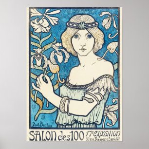 Póster vintage de mujer Art Nouveau con flores azu