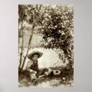 Póster vintage de niño con perro en reposo