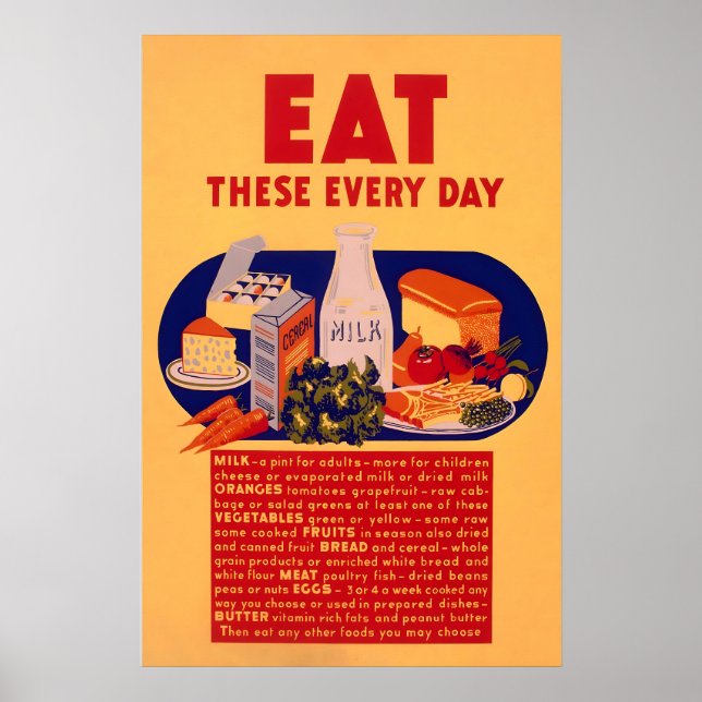 Póster vintage de publicidad de alimentos – Coma e (Frente)