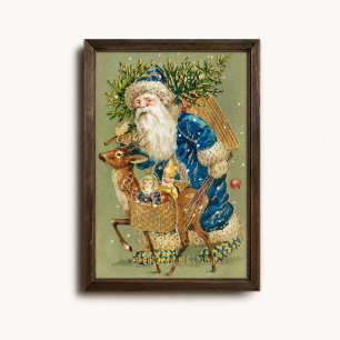 Póster vintage de Santa Claus azul con trineo de r