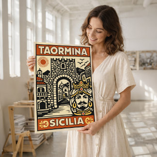 Póster vintage de Taormina Sicilia grabado en made