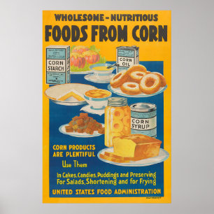 Póster vintage de usos alimenticios del maíz