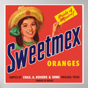Póster Vintage de Weslaco Tejas México de los naranjas d