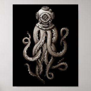 Póster Vintage Deep Sea Divers Cthulhu Octopus