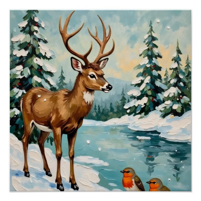 Póster Vintage Deer and Robins Christmas Scene (Anverso)
