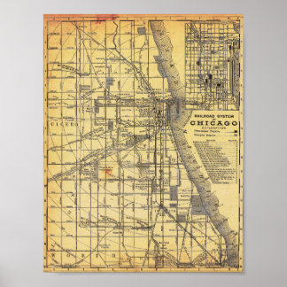Póster vintage del mapa detallado de ferrocarriles