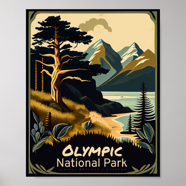 Póster Vintage del Parque Nacional Olímpico (Frente)