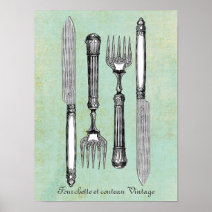 Póster Vintage del tenedor y del couteau