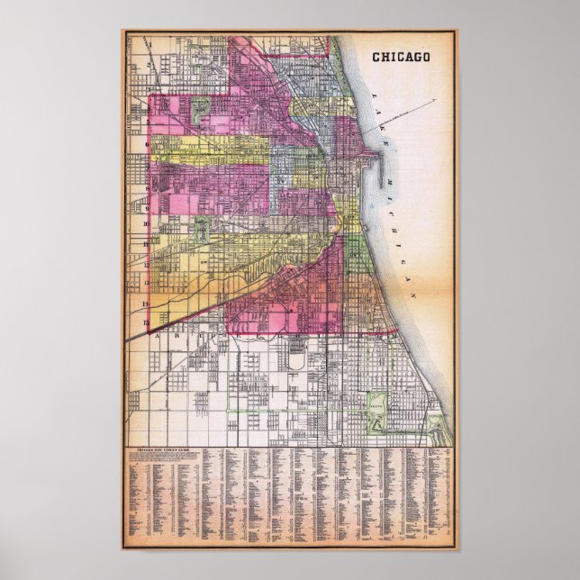 Póster Vintage Detailed Chicago Map Poster 1882 (Frente)