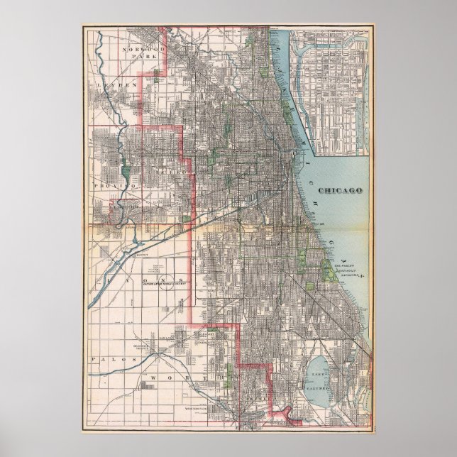 Póster Vintage Detailed Chicago Map Poster 1895 (Frente)