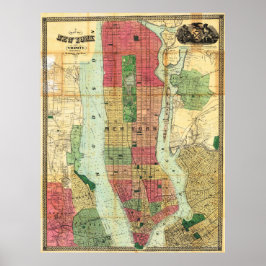 Póster Vintage Detailed New York Map Poster 1863