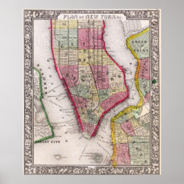 Póster Vintage Detailed New York Map Poster 1865
