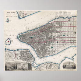 Póster Vintage Detailed New York Map Poster 1870