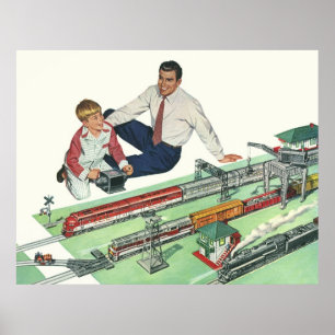 Póster Vintage Día del Padre, papá e hijo con trenes