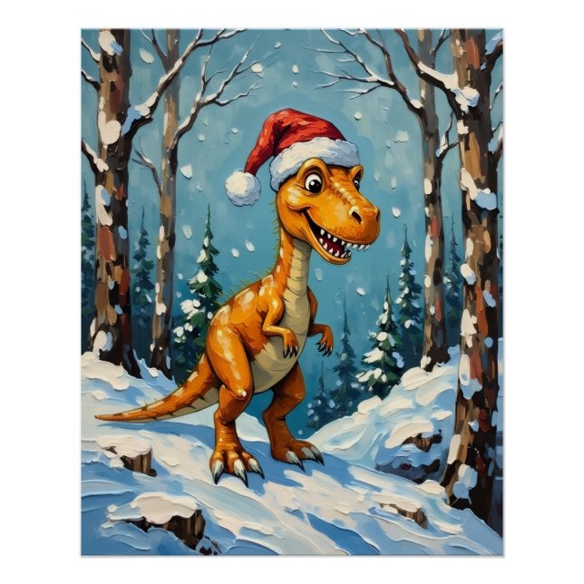 Póster Vintage Dinosaur with Santa Hat Christmas Scene (Anverso)
