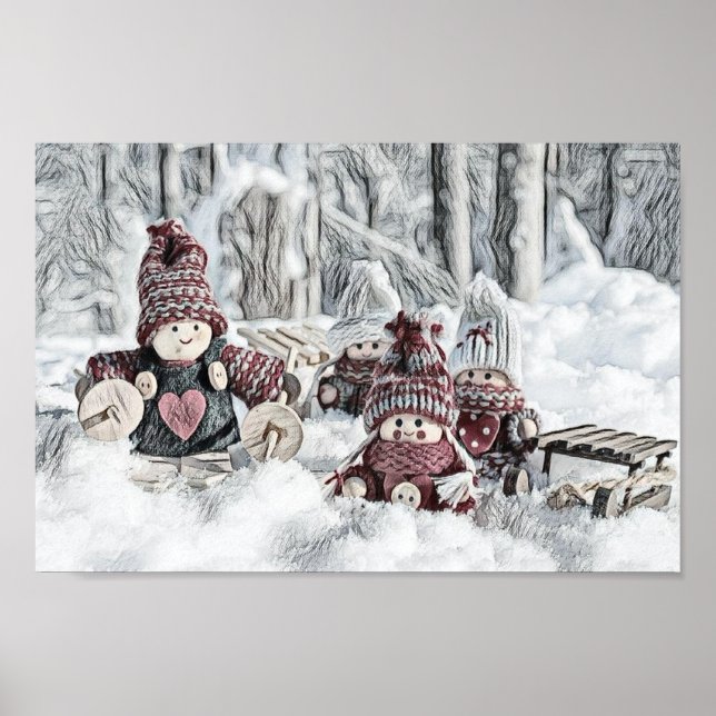 Póster Vintage Drawing of Gnomes in the Snow  (Frente)