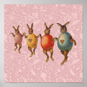 Póster Vintage Easter Bunnies Dancing with Egg Costumes
