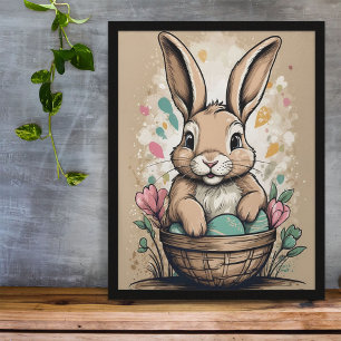 Póster Vintage Easter Bunny Egg Basket Ilustracion