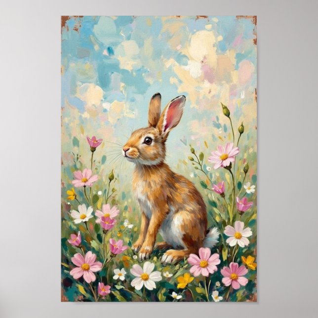 Póster Vintage Easter Bunny Wildflower Art (Frente)