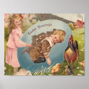 Póster Vintage Easter Victorian Girl & Boy