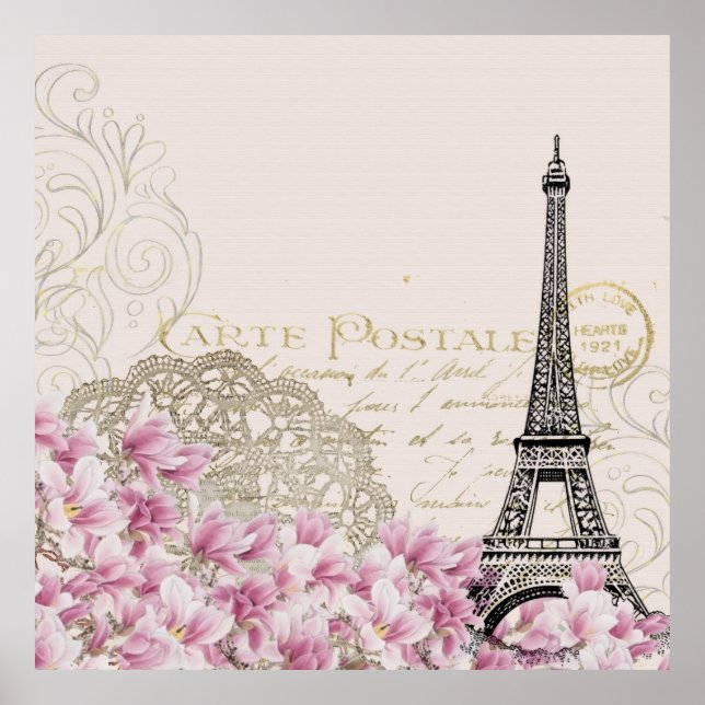 Póster Vintage Eiffel Tower Paris France Romance Rose (Frente)