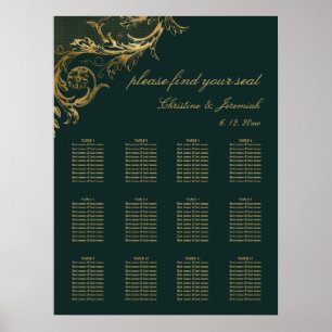 Póster Vintage Emerald Green Gold Floral Damask Wedding