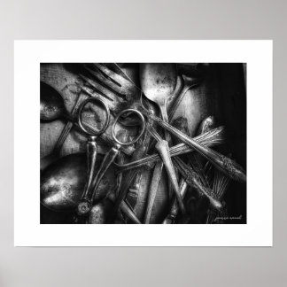 Póster vintage en blanco y negro de utensilios