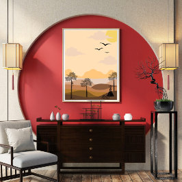 Póster Vintage, explosión de sol vibrante, árbol sereno, 