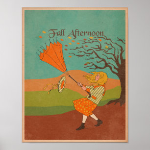 Póster Vintage Fall Chica del viento del otoño con paragu
