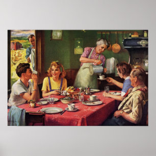 Póster Vintage Family come Breakfast en la cocina