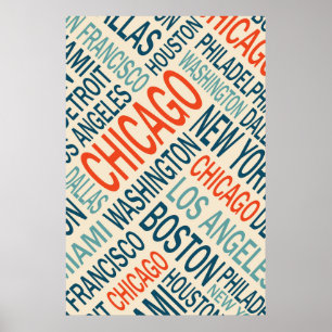 Póster Vintage Famous Cities Estados Unidos Word Cloud