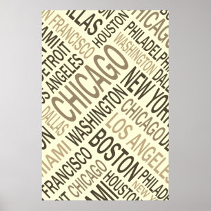 Póster Vintage Famous Cities Estados Unidos Word Cloud Po