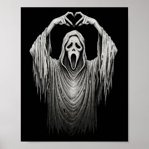 Póster Vintage Fantasma Cara Rótulo de corazón manos Disf