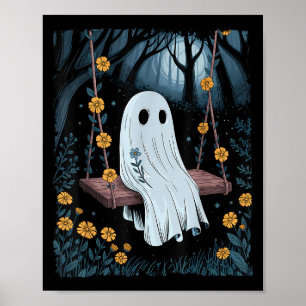 Póster Vintage Fantasma En La Noche Forestal Halloween F