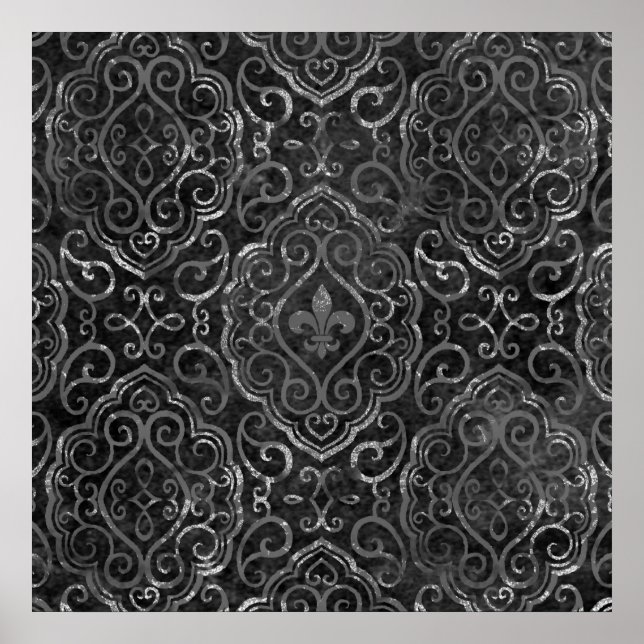 Póster Vintage Fleur de Lis | Damasco negro plateado (Frente)