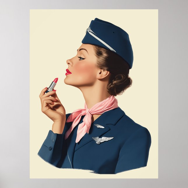 Póster Vintage Flight Attendant Applying Lipstick (Frente)