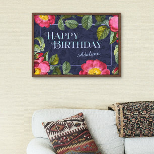 Póster Vintage Floral Custom Name Birthday Gift Blue