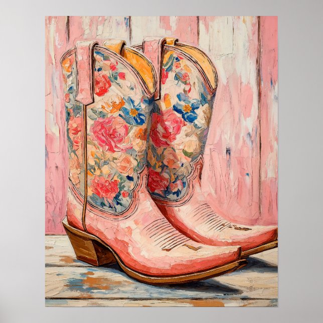 Póster Vintage Floral Pink Cowgirl Boots Occidental (Frente)