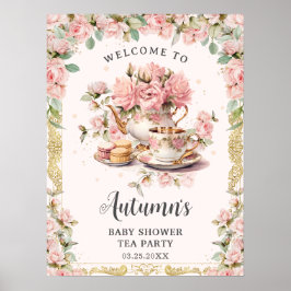 Póster Vintage Floral Rosa Alta Tea Bebé Ducha De Novias