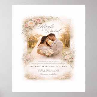 Póster Vintage Floral Wedding Poster — Custom Photo & Nam