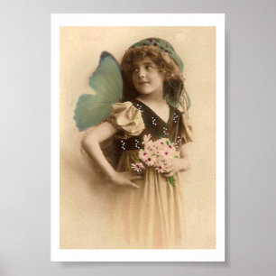 Póster Vintage Flower Girl Butterfly Wings Art Print