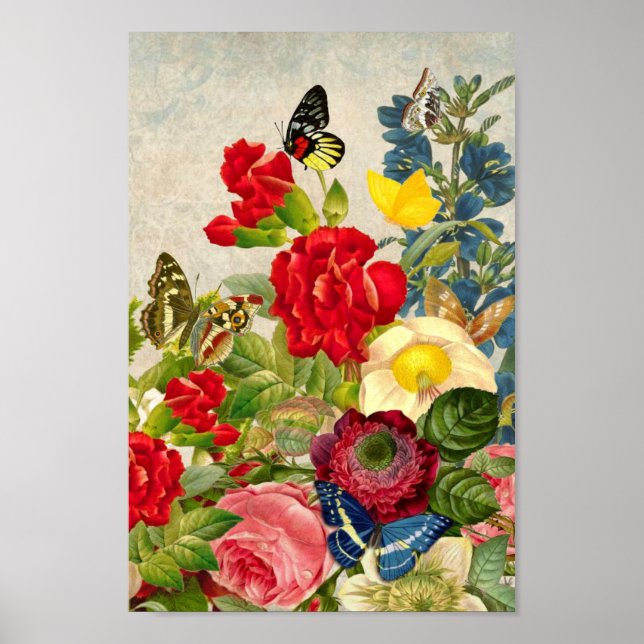 Póster Vintage Flowers/Butterflies Illustration (Frente)