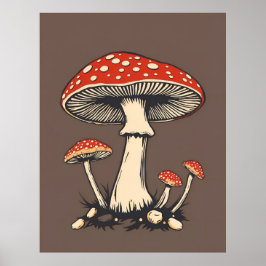 Póster Vintage Fly Agaric Mushrooms On Earth Background