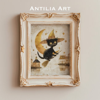 Póster Vintage Flying Black Cat Pintura Halloween Moon