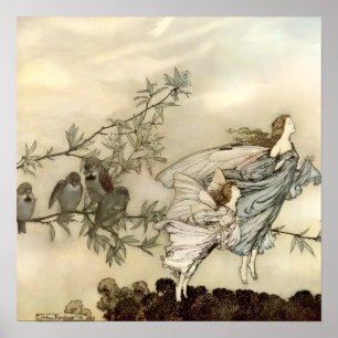 Póster Vintage Flying Fairy Chicas por Arthur Rackham