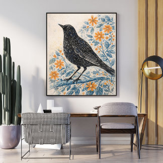 Póster Vintage Folk Art Bird Print, Cottagecore Animal 