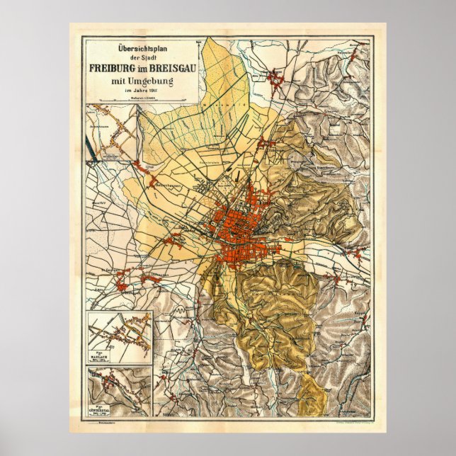 Póster Vintage Freiburg im Breisgau Germany Map (1911) (Frente)
