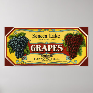 Póster Vintage Fruit Crate Art, uvas de lago Seneca