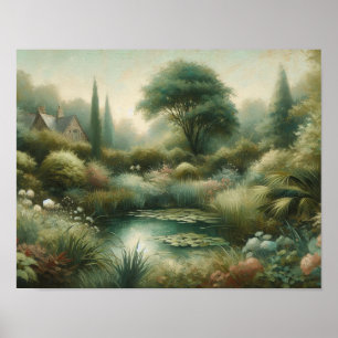 Póster Vintage Garden Pond Green Plants