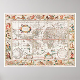 Póster Vintage Geographical Map Of The World 1636-1650